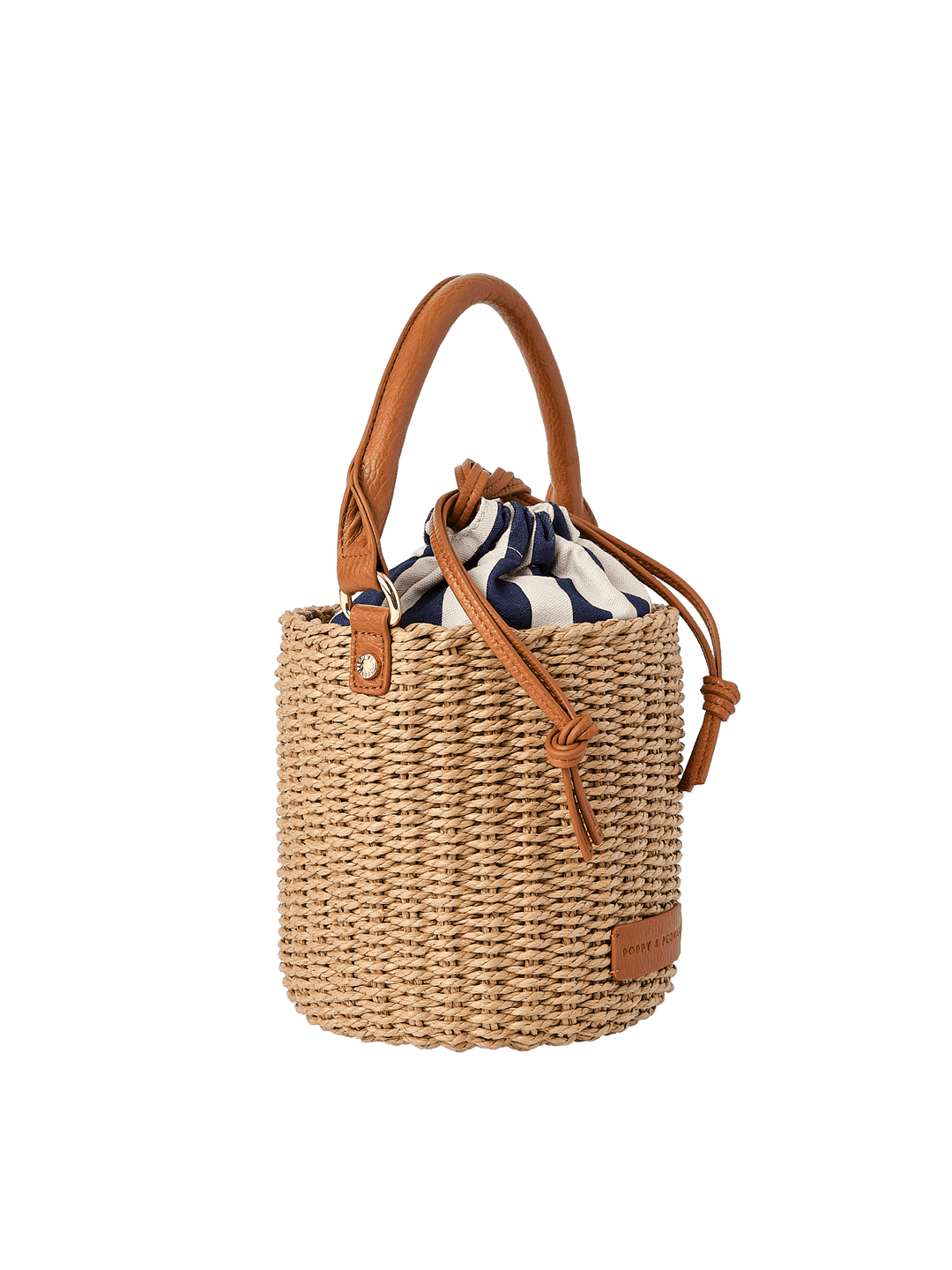 Woven handbag with vegan leather handle