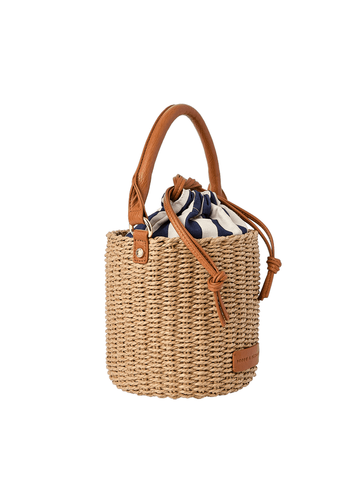 Woven handbag with vegan leather handle