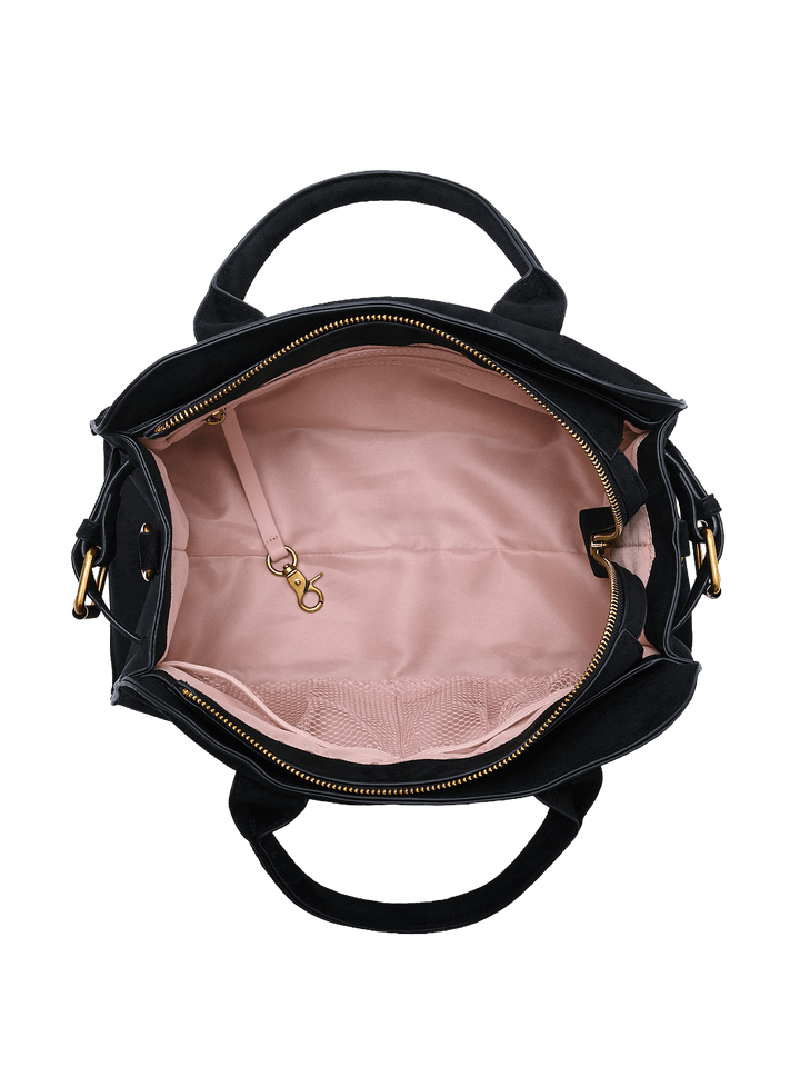 Interior of a black vegan suede handbag