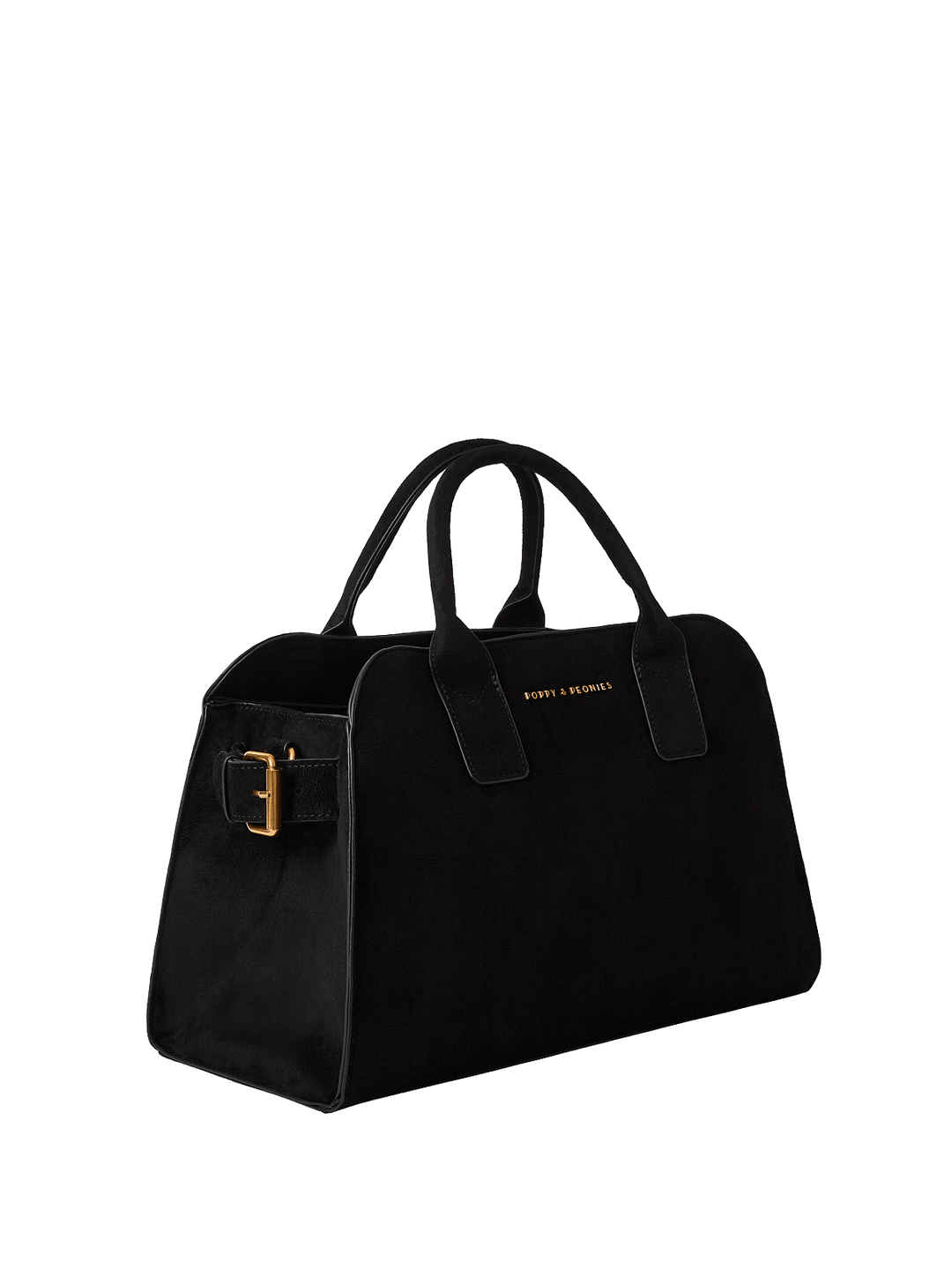 Black vegan suede handbag with a gold buckle
