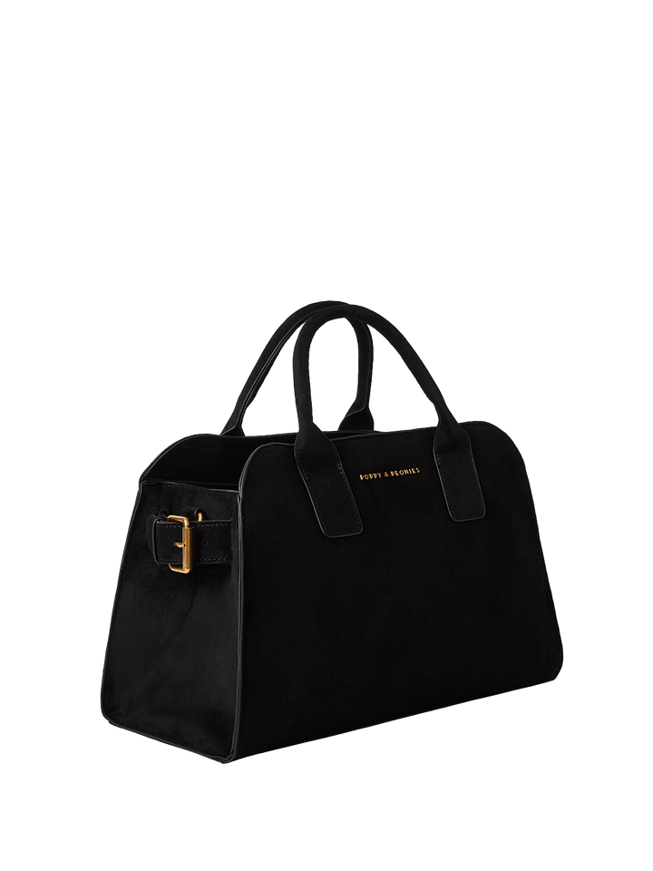 Black vegan suede handbag with a gold buckle