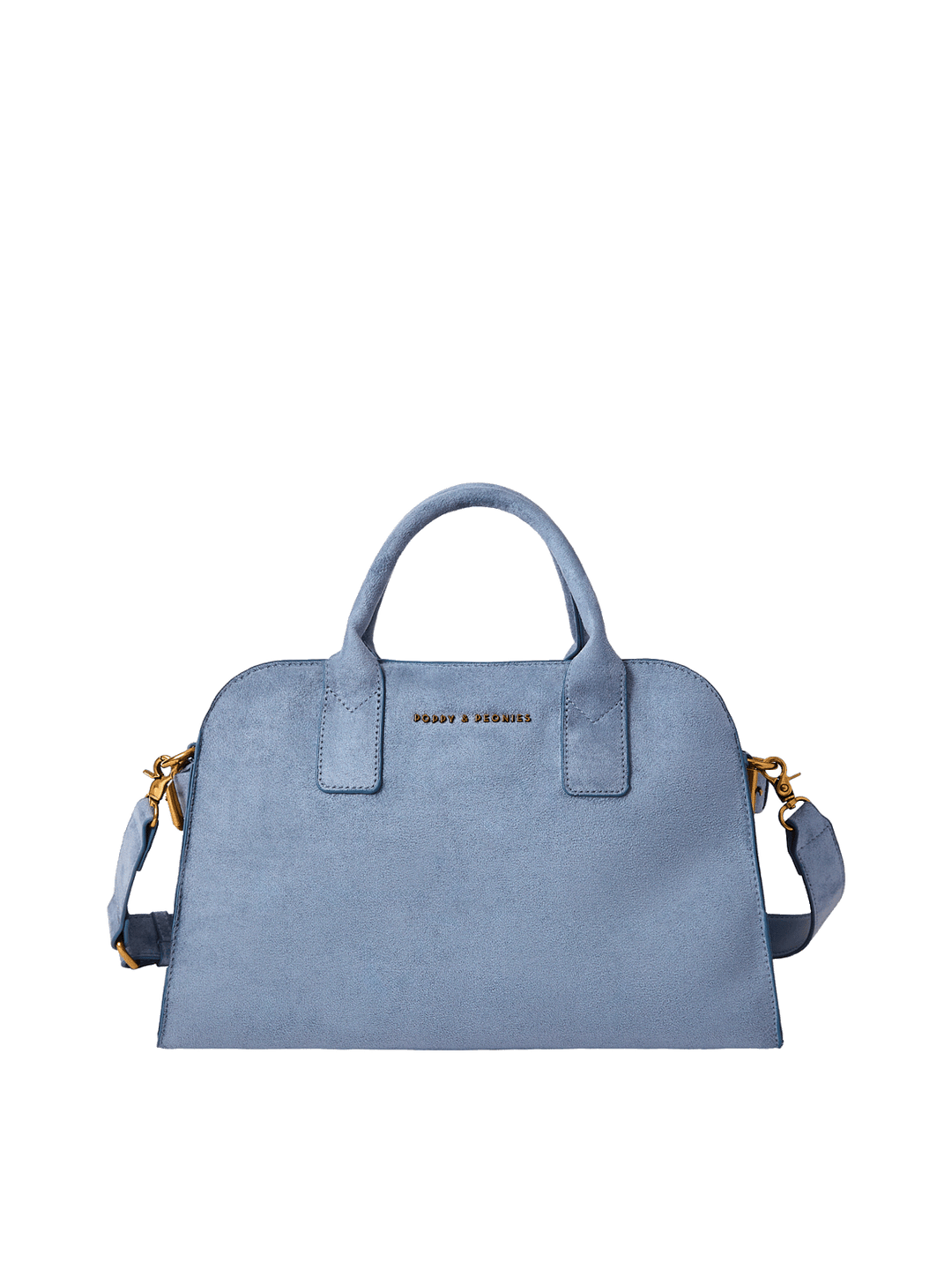 Blue vegan suede tote bag with a detachable strap