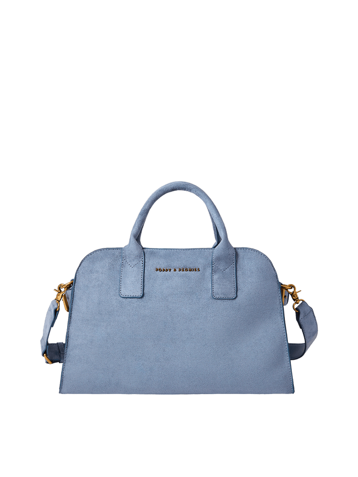 Blue vegan suede tote bag with a detachable strap