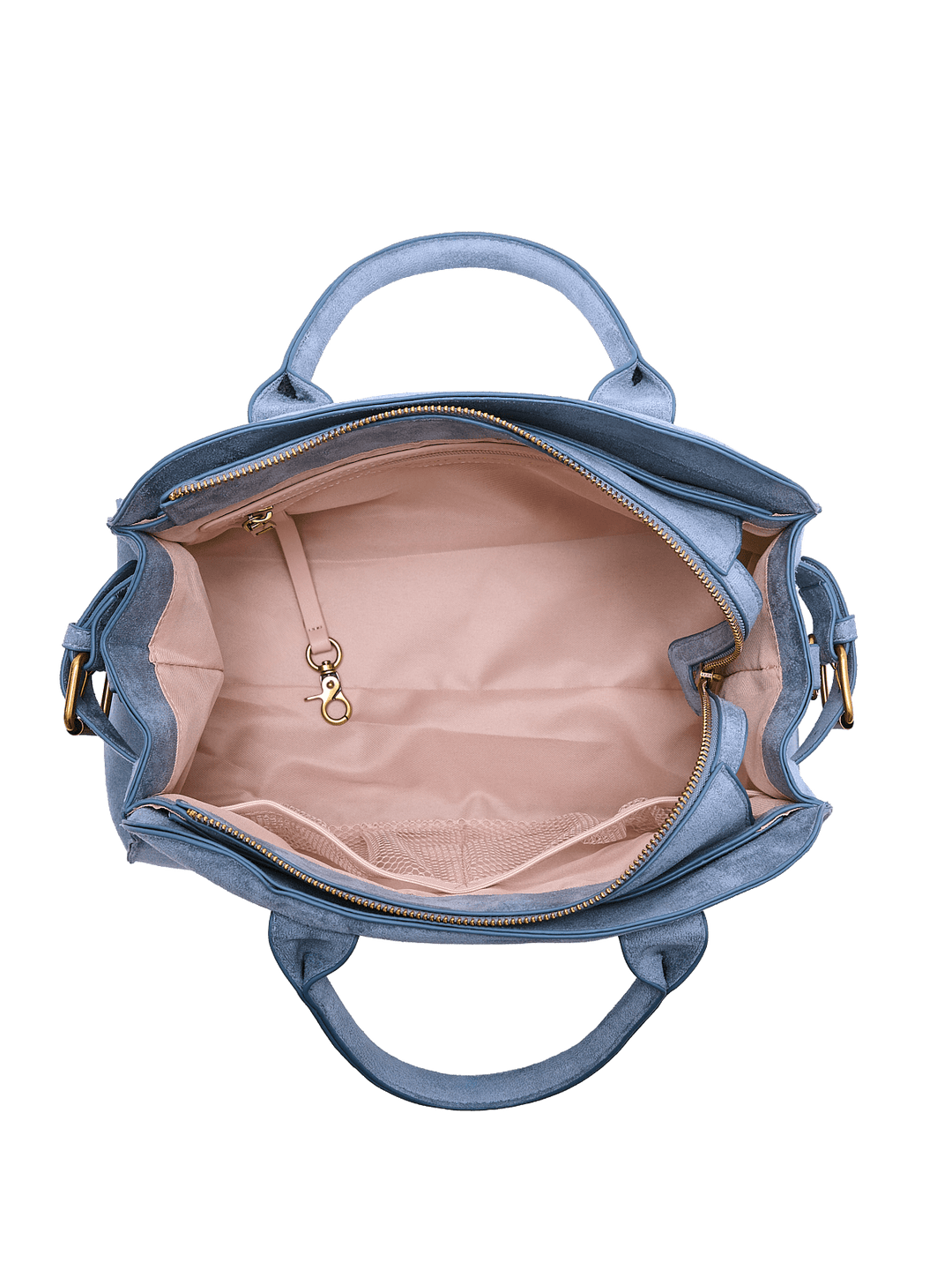 Interior of a light blue vegan suede handbag