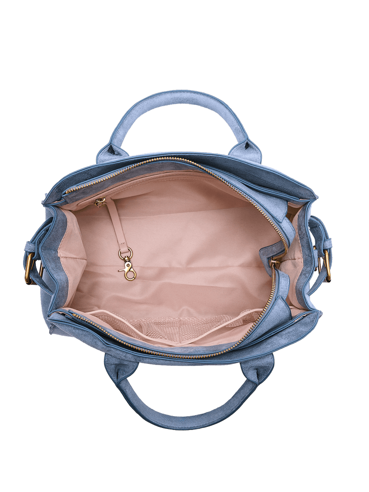 Interior of a light blue vegan suede handbag