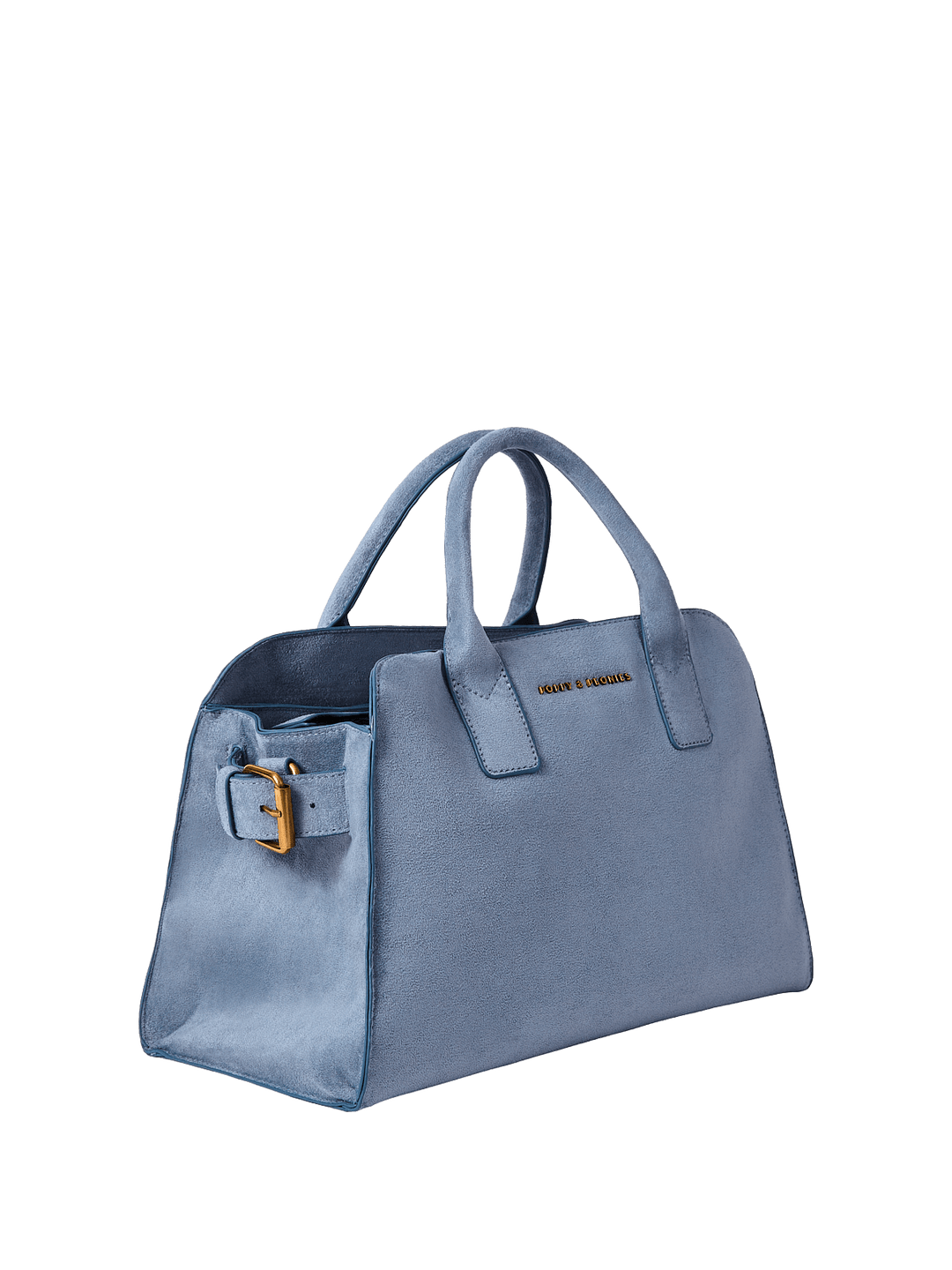 Light blue vegan suede handbag with a gold buckle