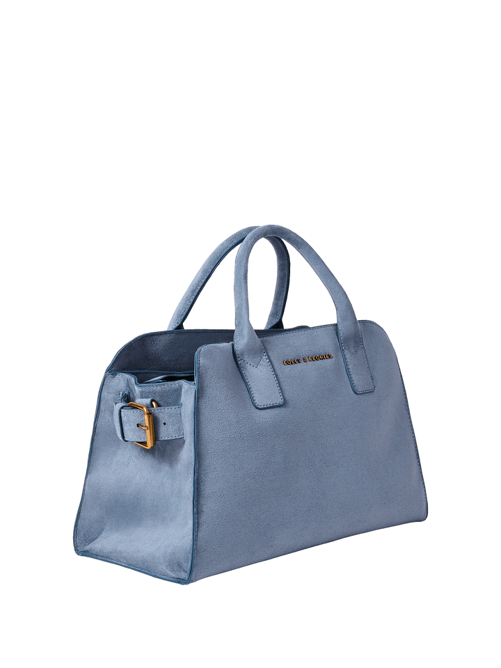 Light blue vegan suede handbag with a gold buckle