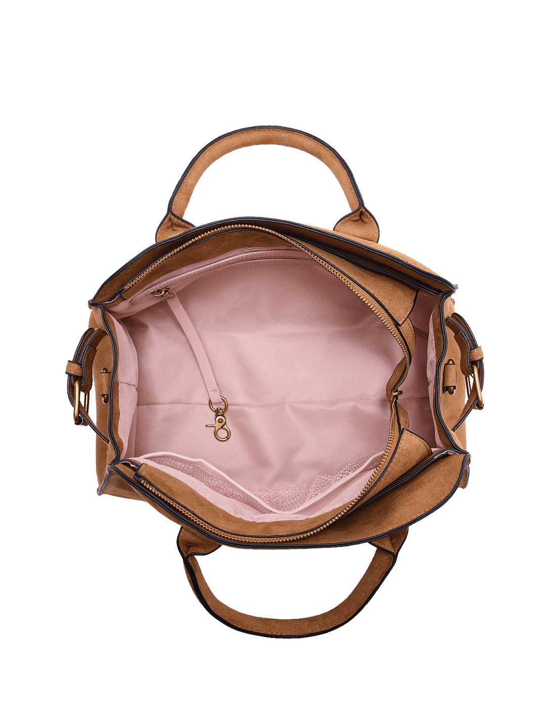Interior of a brown vegan suede handbag