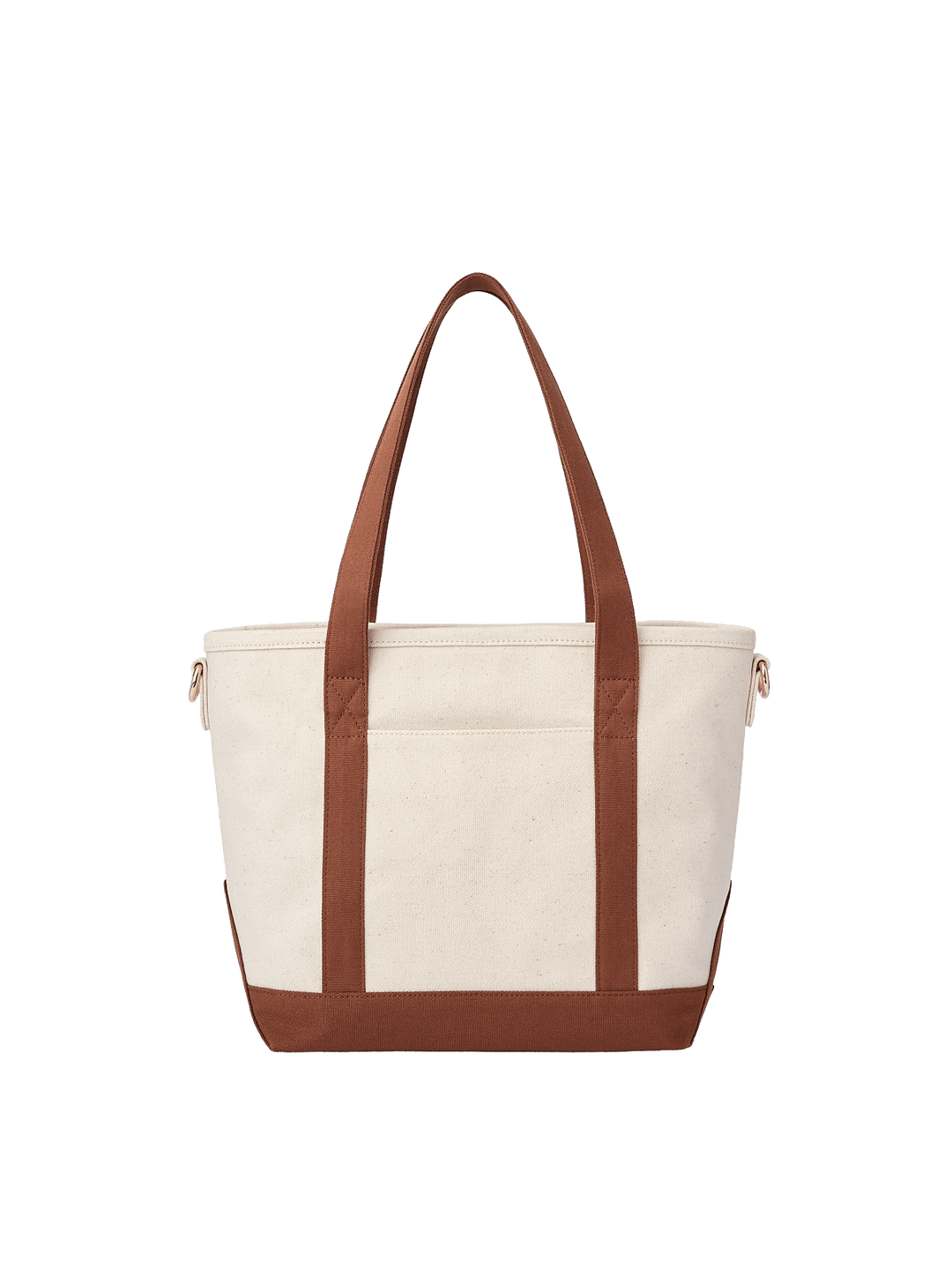 Back view of Poppy & Peonies The Small Signature Tote in Chestnut, highlighting the cream canvas exterior, chestnut brown handles and reinforced base.