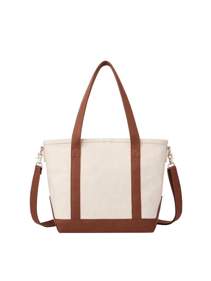 Poppy & Peonies The Small Signature Tote in Chestnut, front product view showing cream canvas, chestnut brown trim, long handles and detachable shoulder strap.