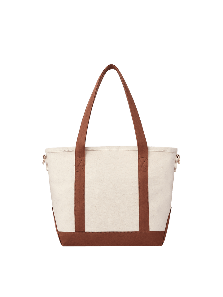 Poppy & Peonies The Small Signature Tote in Chestnut, front view featuring cream canvas, chestnut brown handles, matching base trim and gold-tone hardware.