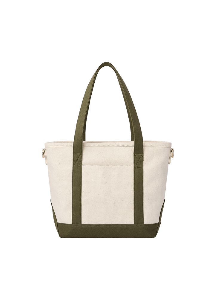 Poppy & Peonies The Small Signature Tote in Olive, back view featuring a cream canvas exterior, long olive green handles, matching base, and structured silhouette.