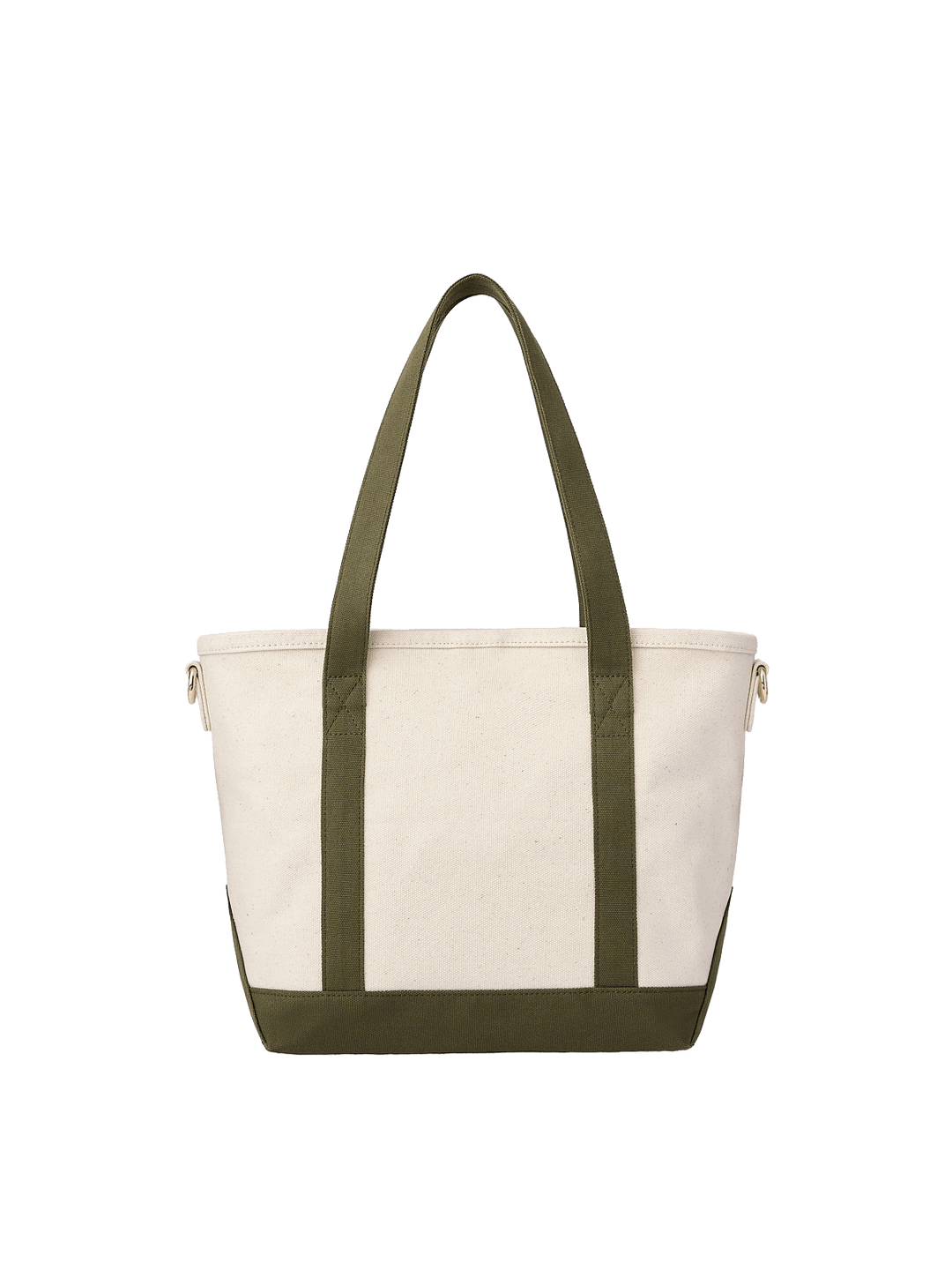 Poppy & Peonies The Small Signature Tote in Olive, front view featuring a cream canvas exterior, olive green handles, matching base, and structured rectangular silhouette.