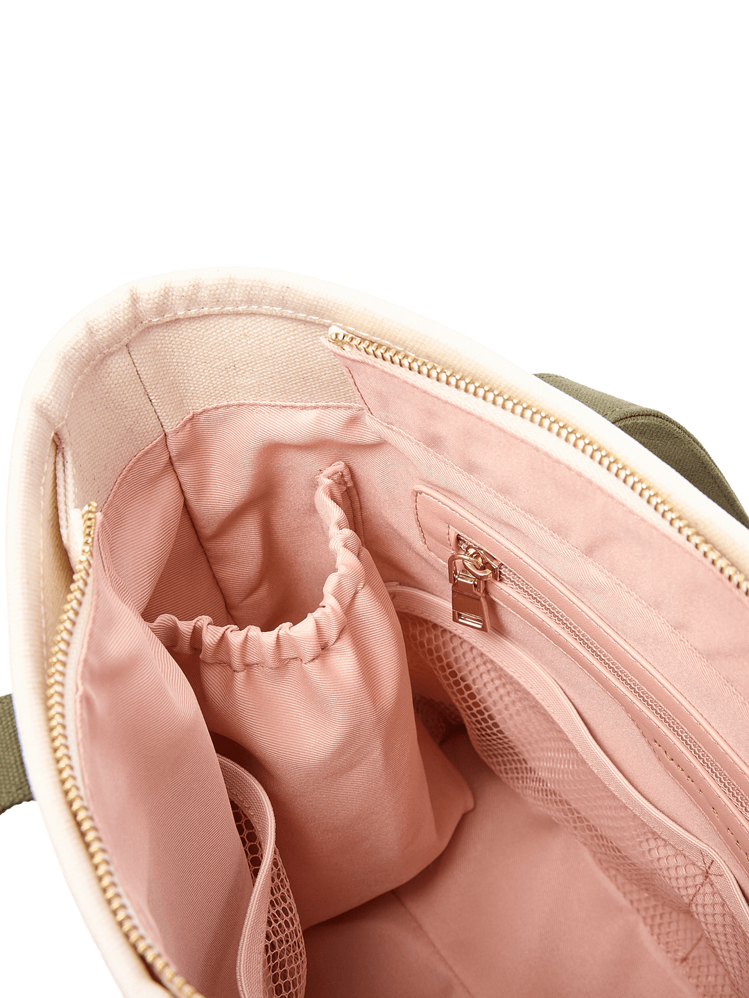 Poppy & Peonies The Small Signature Tote in Olive, close-up of the blush-pink interior featuring gathered elastic pockets, a zippered compartment, and mesh organizer pocket.