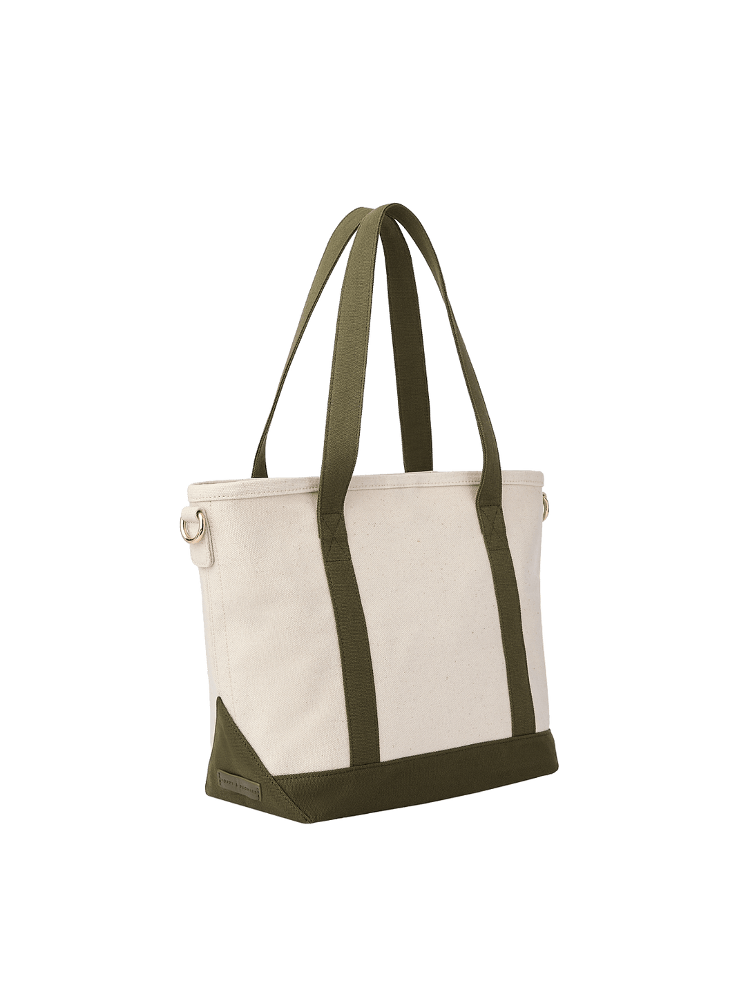 Poppy & Peonies The Small Signature Tote in Olive, angled back view featuring a cream canvas exterior, long olive green handles, matching reinforced base and corner details, and gold-tone hardware for an optional shoulder strap.
