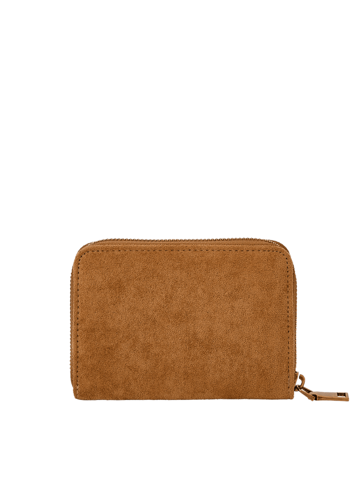 Poppy & Peonies The Grab and Go Wallet in Cognac Suede back view, featuring a compact zip-around design and soft suede exterior.