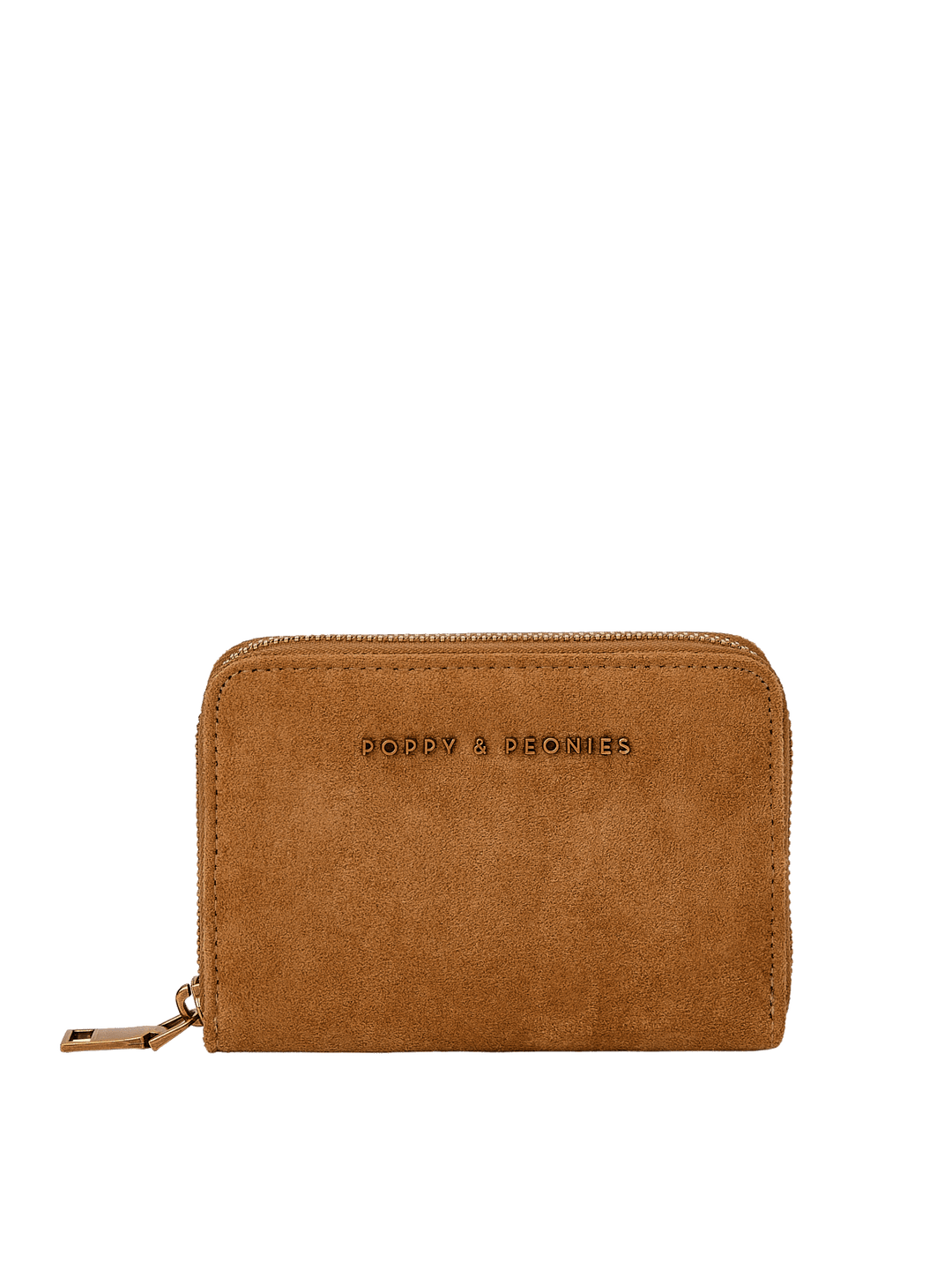 Poppy & Peonies The Grab and Go Wallet in Cognac Suede clean front view, highlighting the compact silhouette, suede texture and signature logo.