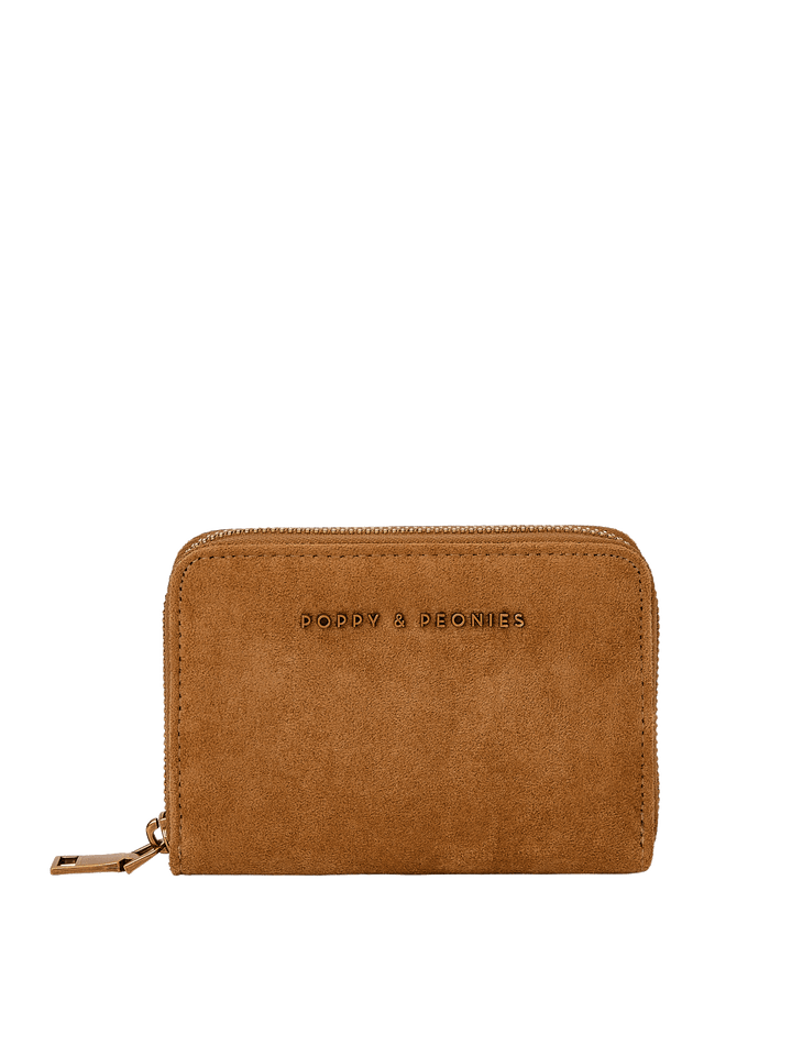 Poppy & Peonies The Grab and Go Wallet in Cognac Suede clean front view, highlighting the compact silhouette, suede texture and signature logo.