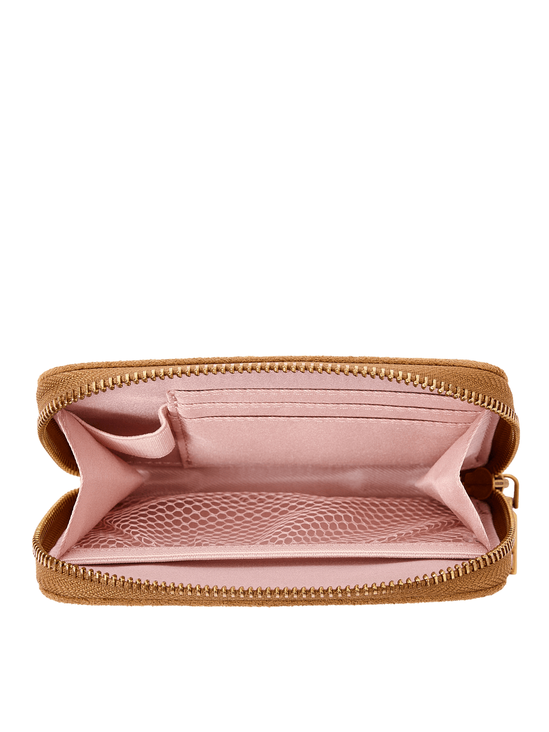 Poppy & Peonies The Grab and Go Wallet in Cognac Suede open interior view, showcasing blush-pink lining, card slots and organized compartments.