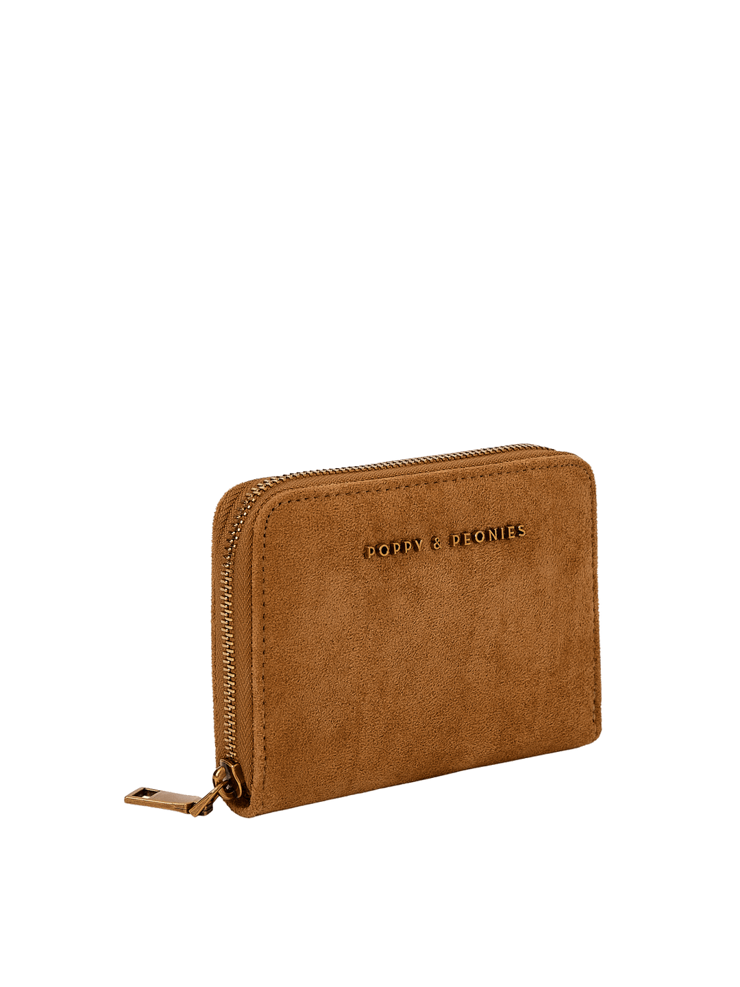 Poppy & Peonies The Grab and Go Wallet in Cognac Suede angled side view, highlighting the zip-around closure, structured shape and soft suede exterior.