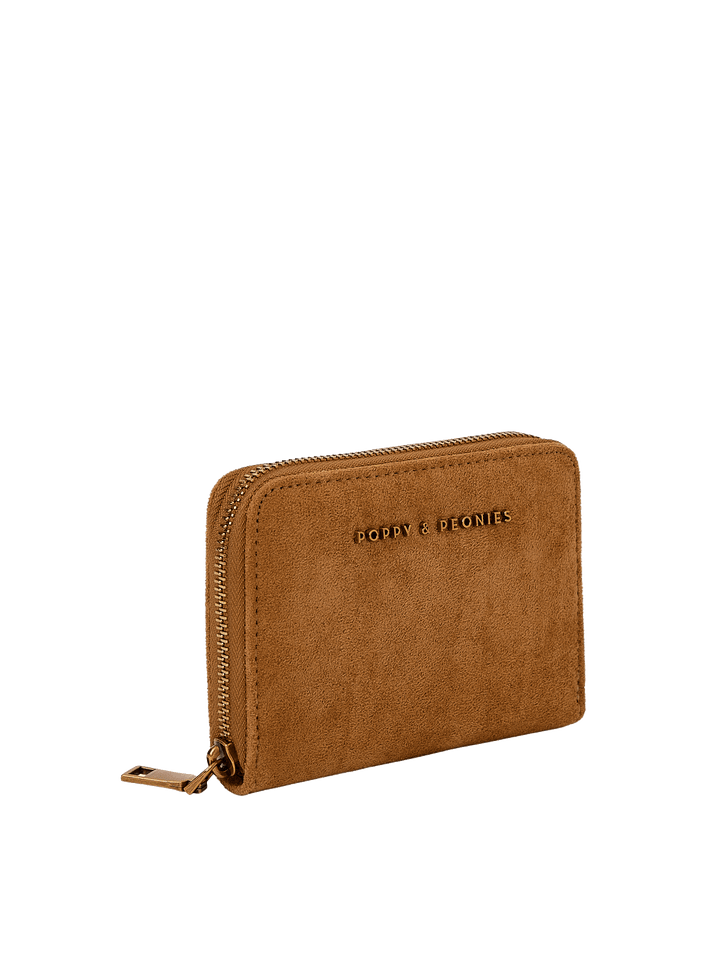 Poppy & Peonies The Grab and Go Wallet in Cognac Suede angled side view, highlighting the zip-around closure, structured shape and soft suede exterior.