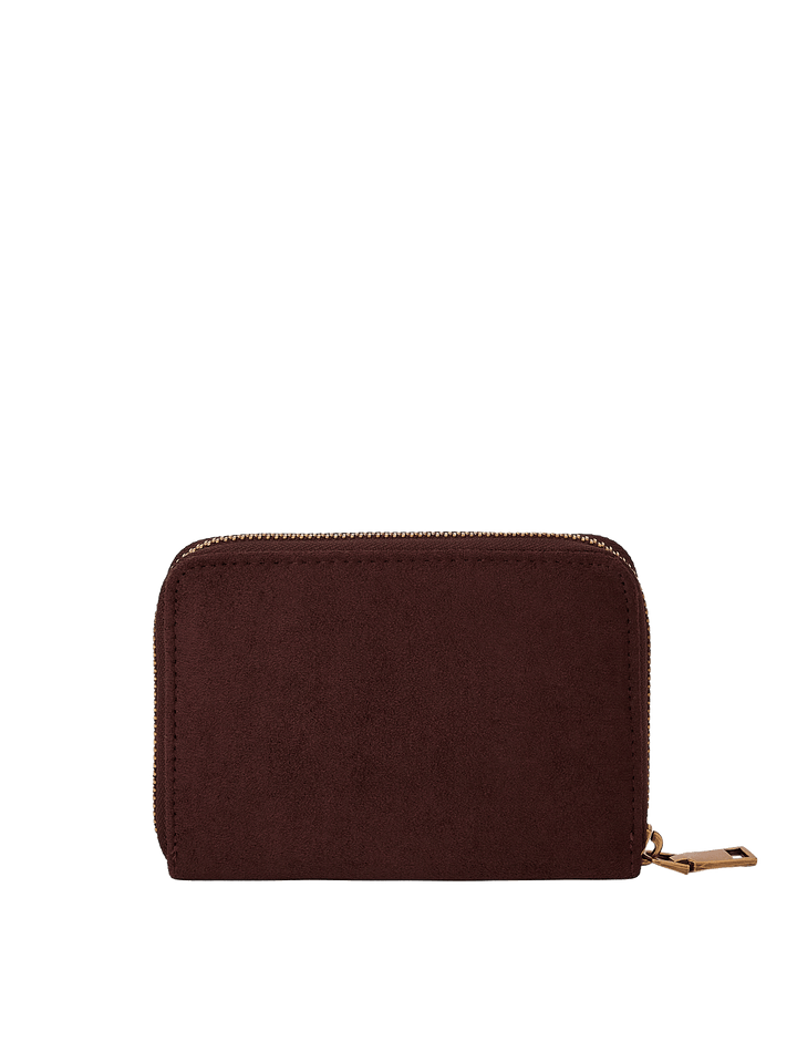 Poppy & Peonies The Grab and Go Wallet in Espresso Suede back view, featuring a compact zip-around design and soft suede exterior.