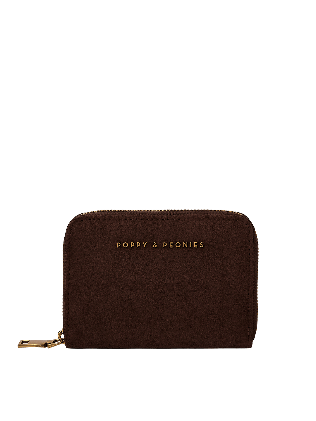 Poppy & Peonies The Grab and Go Wallet in Espresso Suede clean front view, highlighting the compact silhouette, suede texture and signature logo.