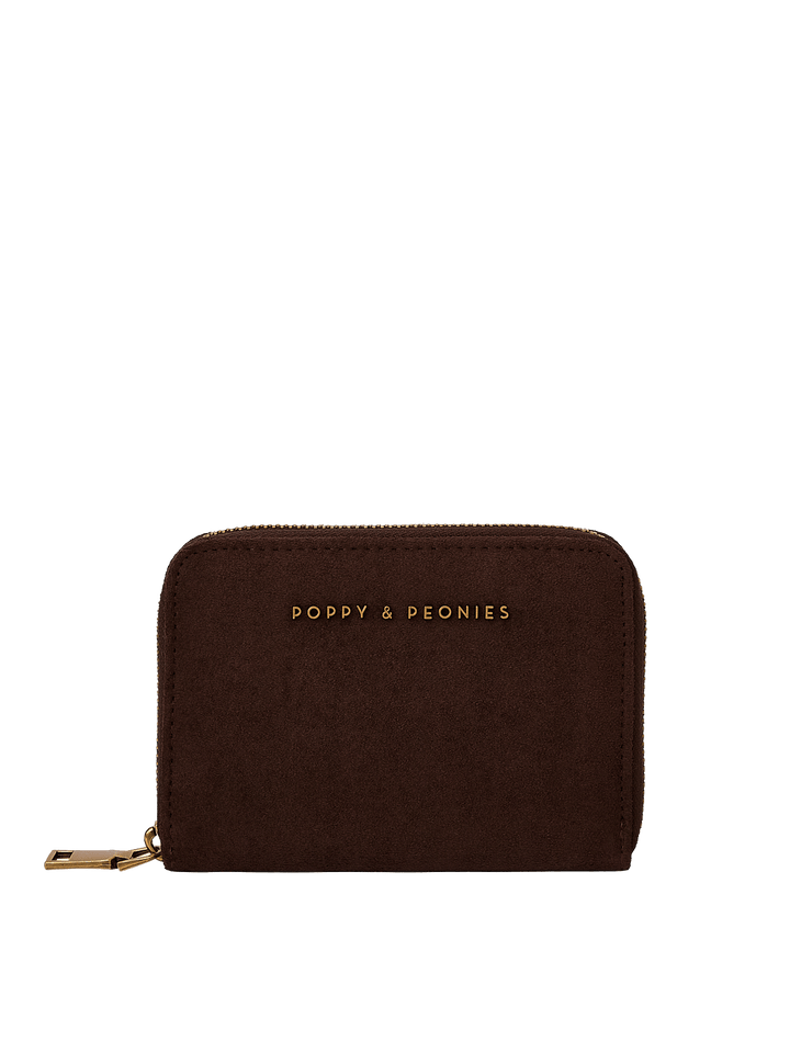 Poppy & Peonies The Grab and Go Wallet in Espresso Suede clean front view, highlighting the compact silhouette, suede texture and signature logo.
