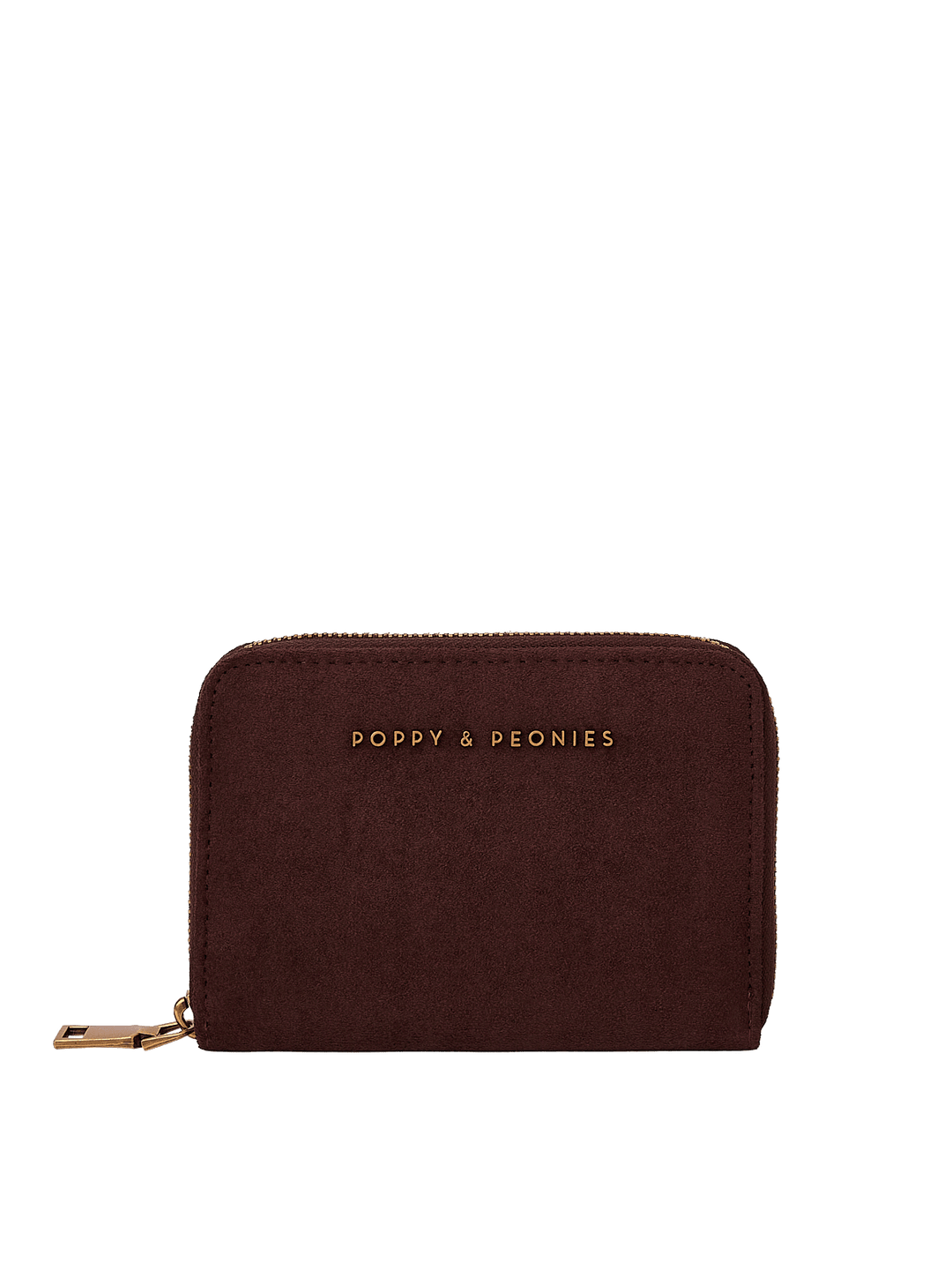 Poppy & Peonies The Grab and Go Wallet in Espresso Suede clean front view, highlighting the compact silhouette, suede texture and signature logo.