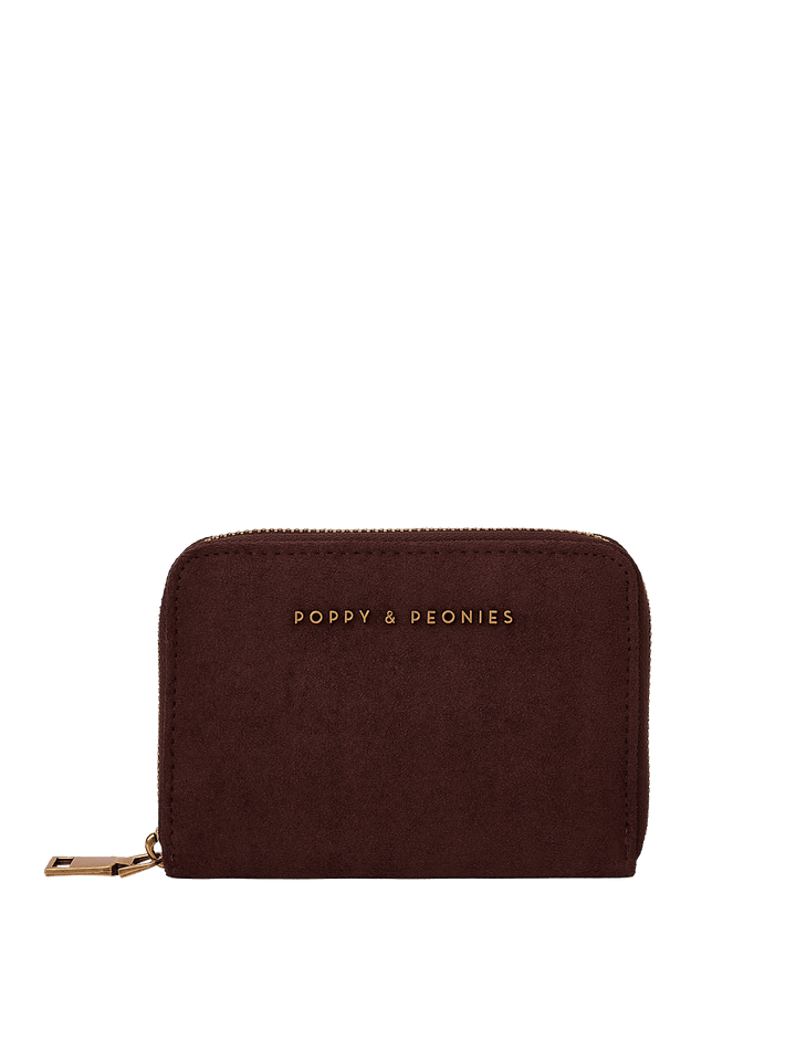 Poppy & Peonies The Grab and Go Wallet in Espresso Suede clean front view, highlighting the compact silhouette, suede texture and signature logo.