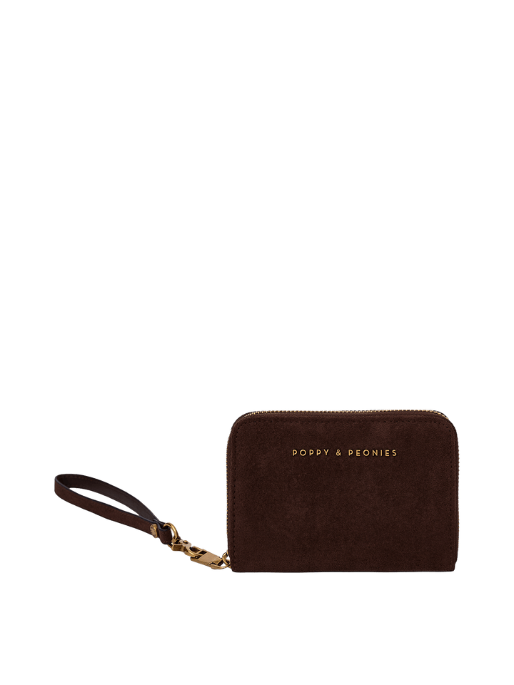 A brown suede wallet, with detachable wristlet.