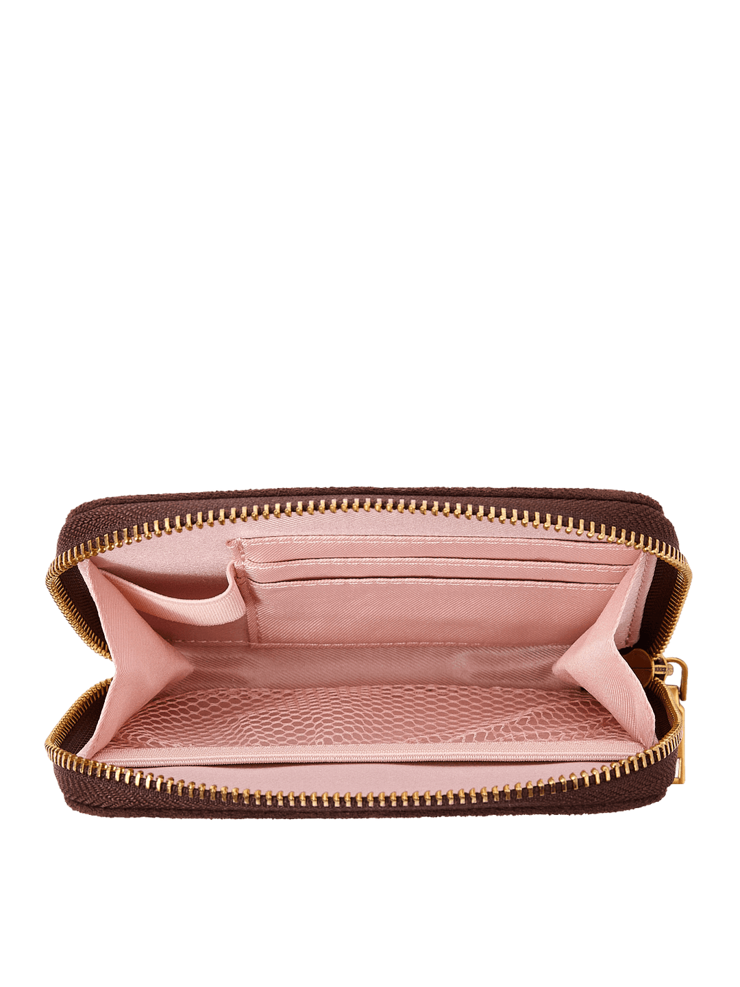 Poppy & Peonies The Grab and Go Wallet in Espresso Suede open interior view, showcasing blush-pink lining, card slots and organized compartments.