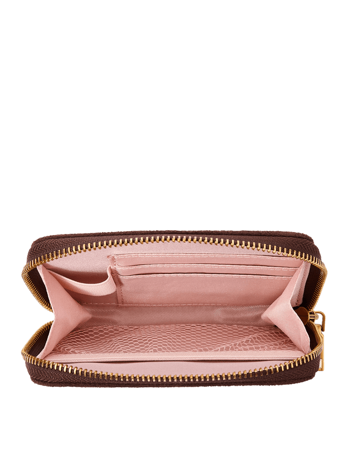 Poppy & Peonies The Grab and Go Wallet in Espresso Suede open interior view, showcasing blush-pink lining, card slots and organized compartments.