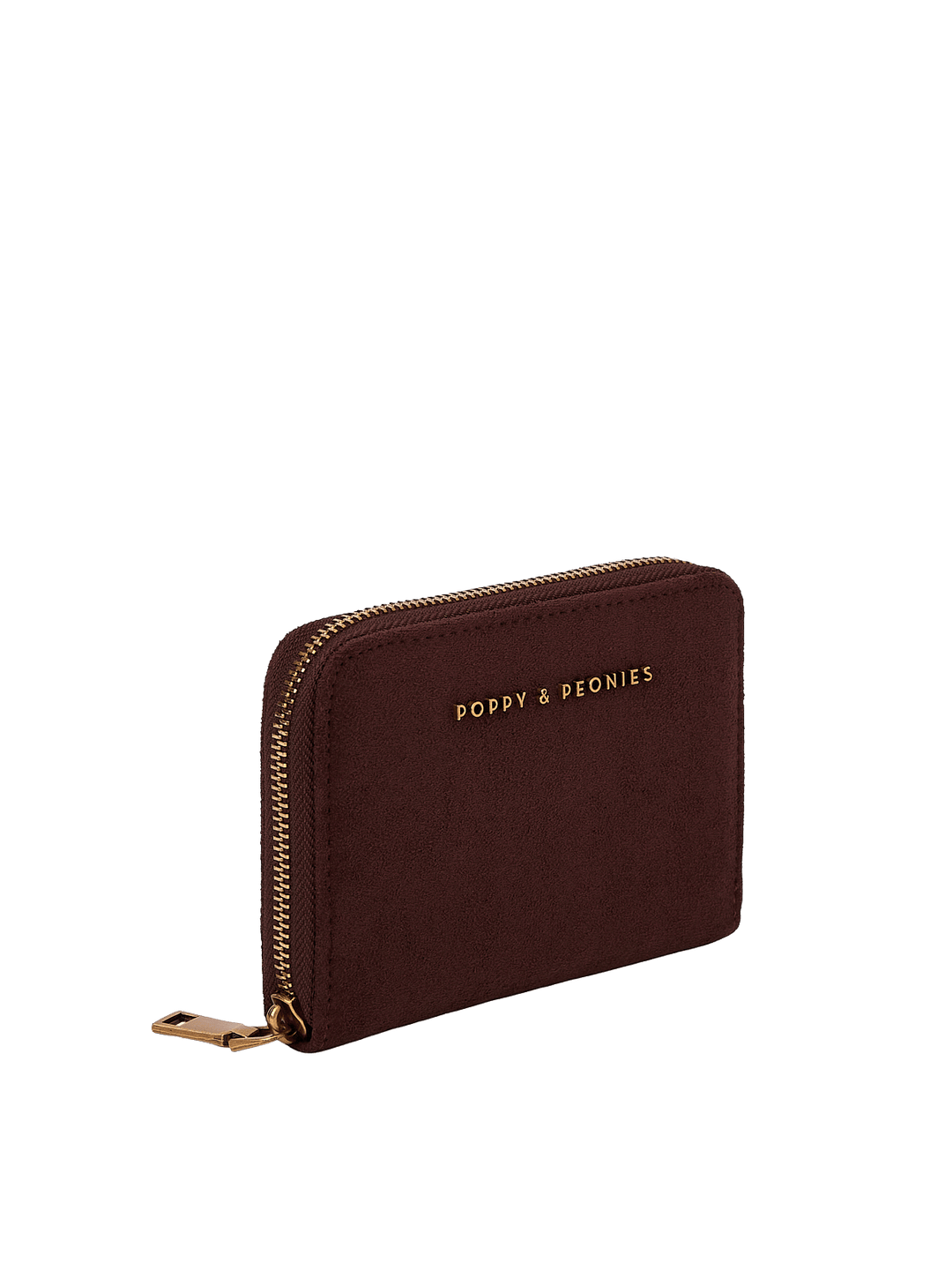 Poppy & Peonies The Grab and Go Wallet in Espresso Suede angled side view, highlighting the zip-around closure, structured shape and soft suede exterior.