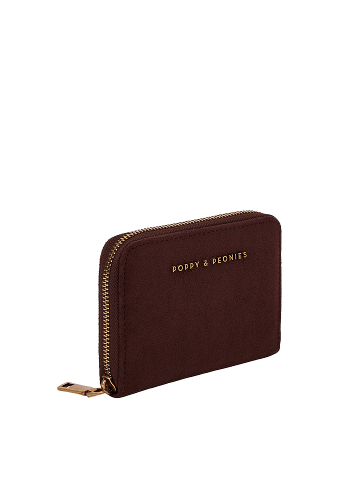 Poppy & Peonies The Grab and Go Wallet in Espresso Suede angled side view, highlighting the zip-around closure, structured shape and soft suede exterior.