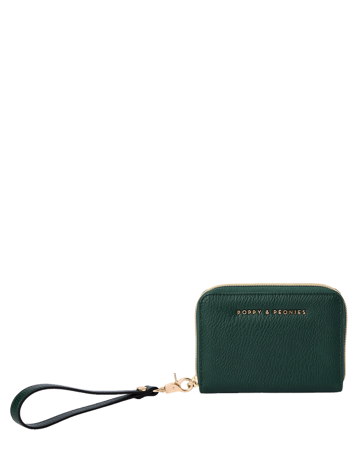 The Grab and Go Wallet in Heritage Green with removable wristlet strap