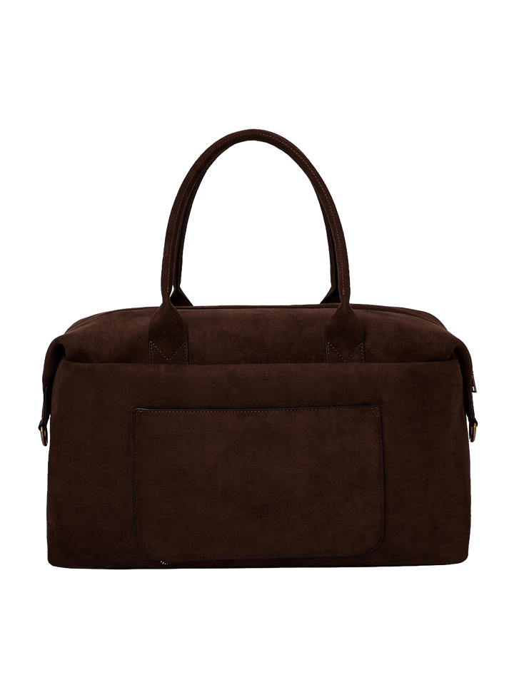 Poppy & Peonies Take Off Tote in Espresso Suede back view, featuring top handles, a structured silhouette and large exterior slip pocket.