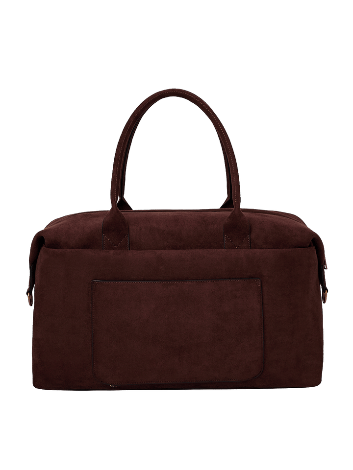 Poppy & Peonies Take Off Tote in Espresso Suede back view, featuring top handles, a structured silhouette and large exterior slip pocket.