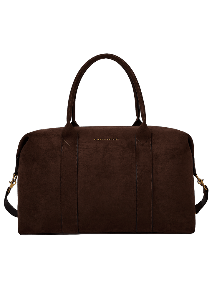 Poppy & Peonies Take Off Tote in Espresso Suede front view, featuring a structured silhouette, top handles and detachable shoulder strap.