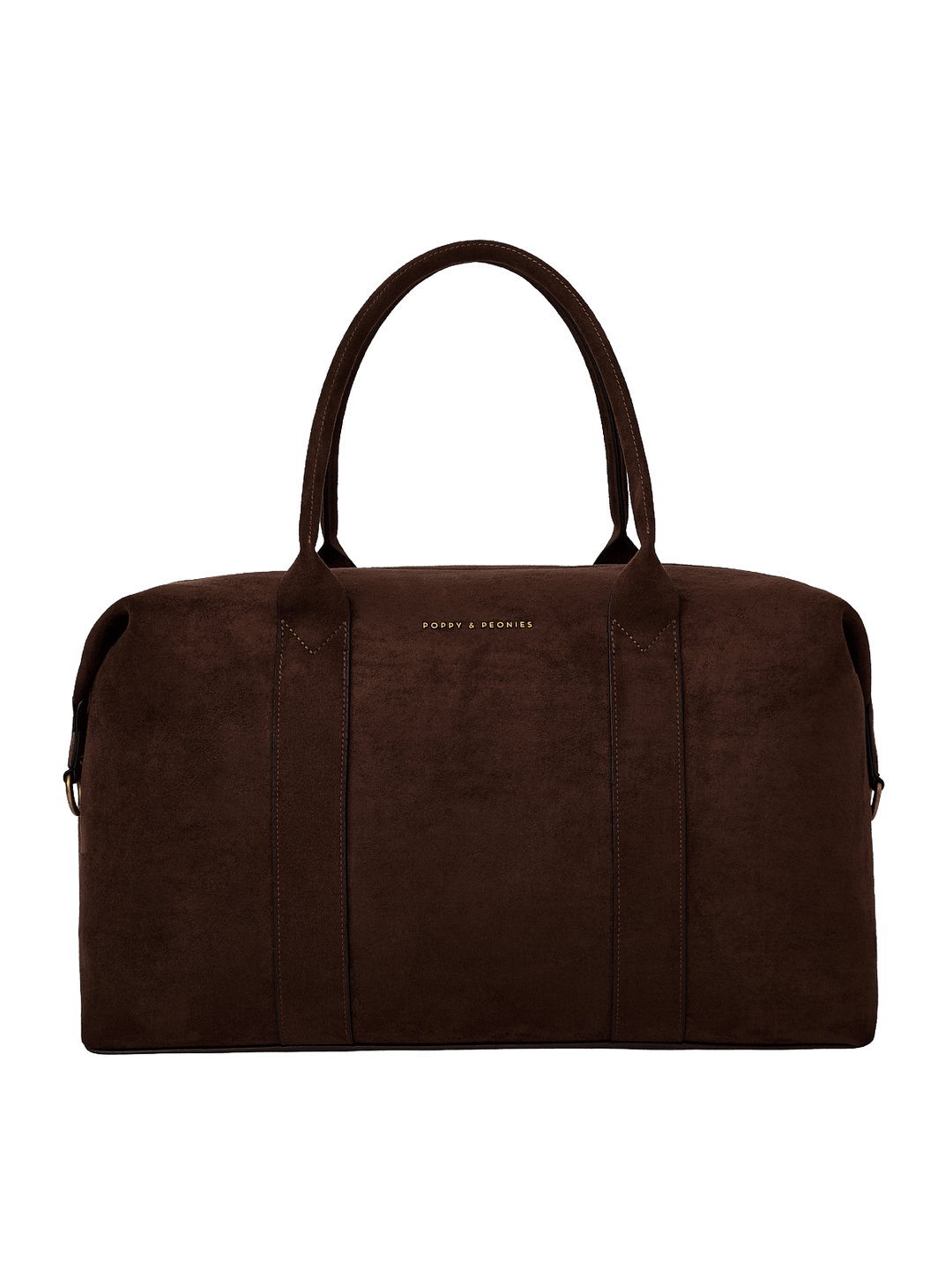 Poppy & Peonies Take Off Tote in Espresso Suede clean front view, highlighting the soft suede exterior, top handles and signature logo.