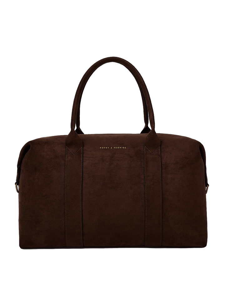 Poppy & Peonies Take Off Tote in Espresso Suede clean front view, highlighting the soft suede exterior, top handles and signature logo.