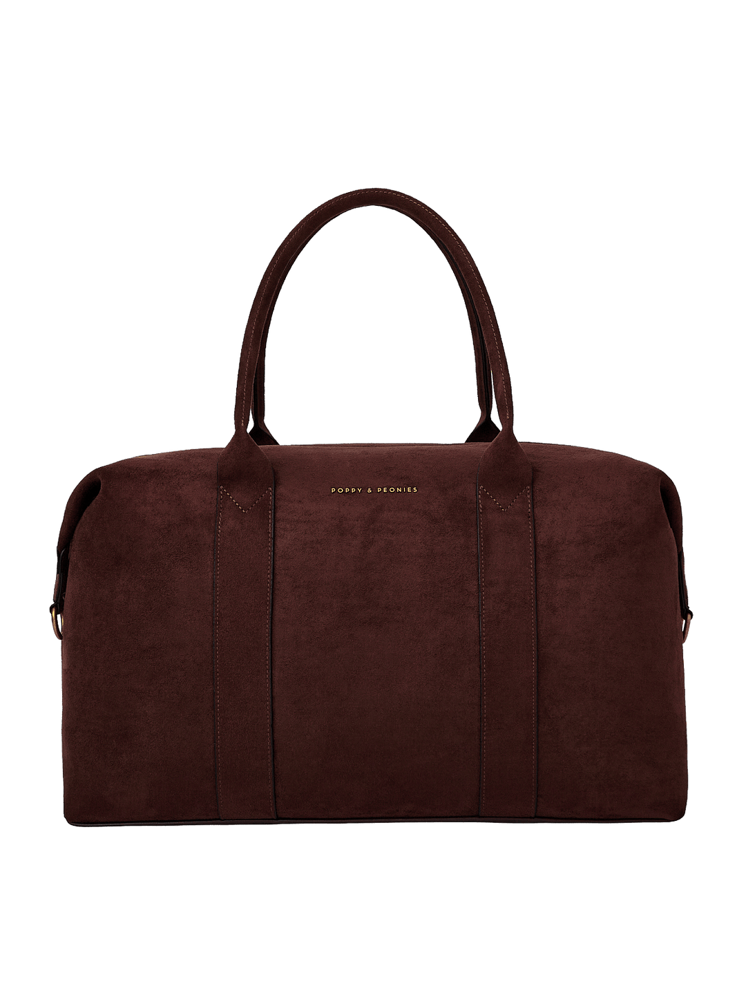Poppy & Peonies Take Off Tote in Espresso Suede clean front view, highlighting the soft suede exterior, top handles and signature logo.