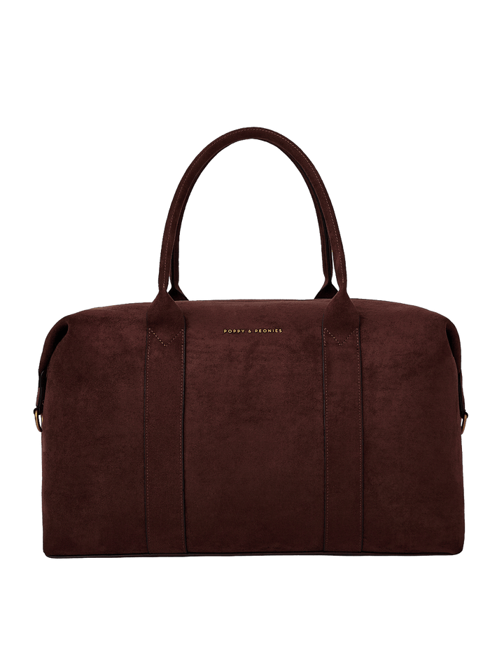 Poppy & Peonies Take Off Tote in Espresso Suede clean front view, highlighting the soft suede exterior, top handles and signature logo.