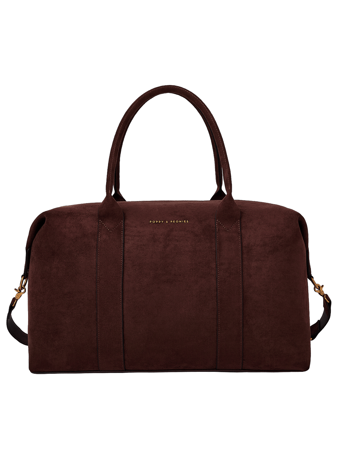 Poppy & Peonies Take Off Tote in Espresso Suede front view, featuring a structured silhouette, top handles and detachable shoulder strap.