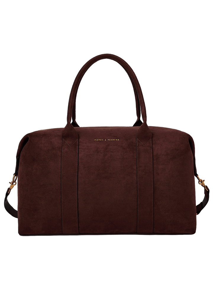 Poppy & Peonies Take Off Tote in Espresso Suede front view, featuring a structured silhouette, top handles and detachable shoulder strap.