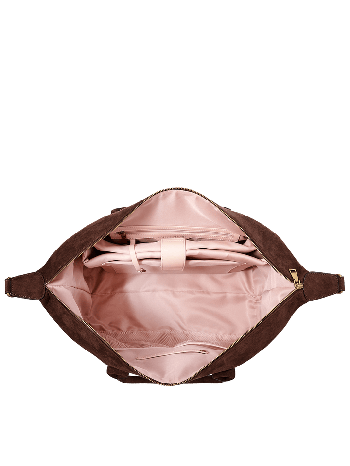 Poppy & Peonies Take Off Tote in Espresso Suede open top view, showcasing the spacious blush-pink lined interior and organized compartments.
