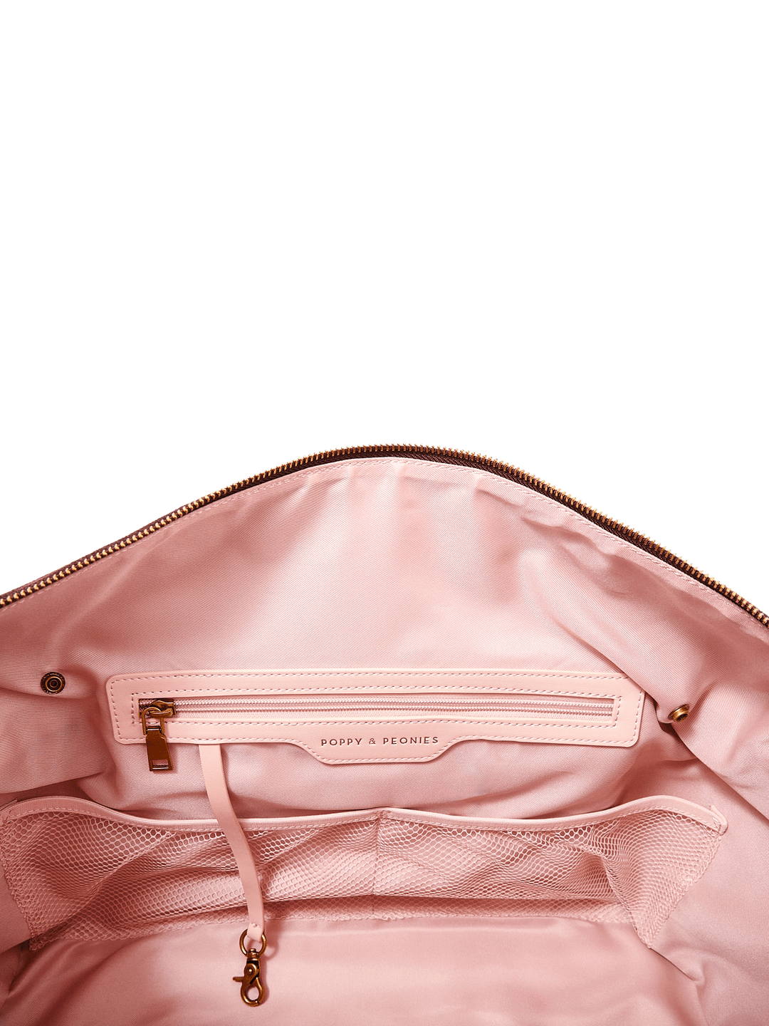 Poppy & Peonies Take Off Tote in Espresso Suede interior detail, featuring a zippered pocket, slip pockets and key leash against blush-pink lining.