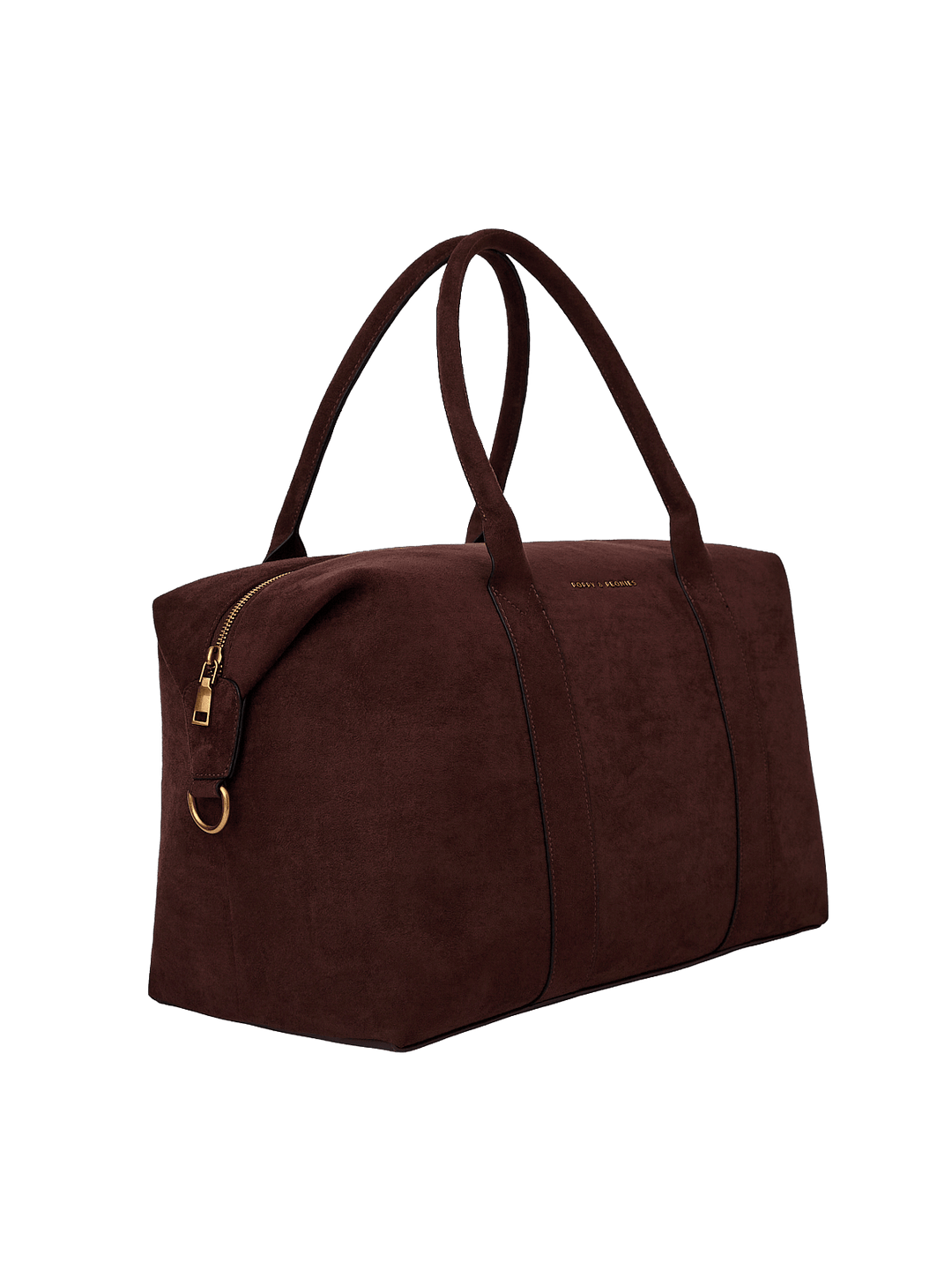 Poppy & Peonies Take Off Tote in Espresso Suede angled side view, highlighting the structured shape, top handles and gold-tone hardware.