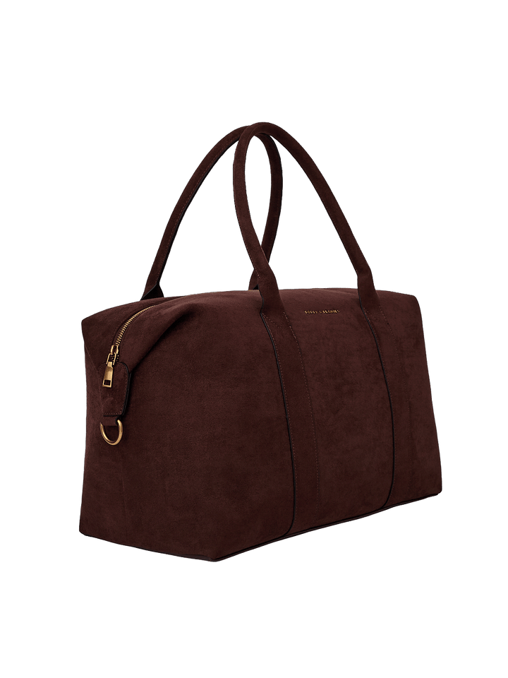 Poppy & Peonies Take Off Tote in Espresso Suede angled side view, highlighting the structured shape, top handles and gold-tone hardware.