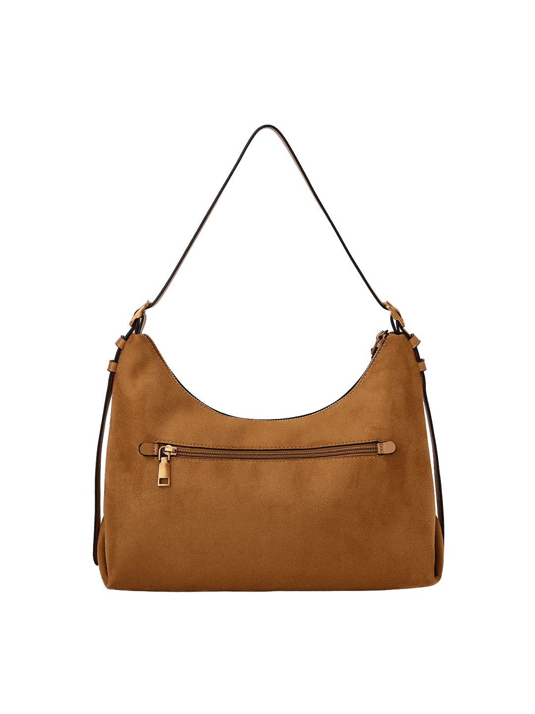 Poppy & Peonies The Sunday Bag in Cognac Suede back view, featuring an exterior zippered pocket, adjustable shoulder strap and gold-tone hardware.